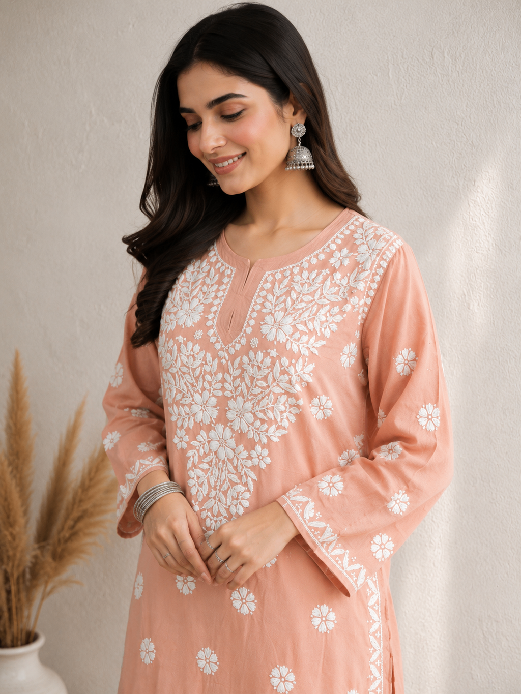 Karigiri Peach Pink Lucknowi Chikankari Hand Embroidered Mulmul Cotton Straight Kurti with White Floral Embroidery, 3/4 Sleeve, Ethnic Wear for Women_KFPP0414