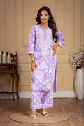 Karigiri Lavender Chikankari Hand Embroidered Muslin Kurti Set with White Floral Motifs, 3/4 Sleeves
