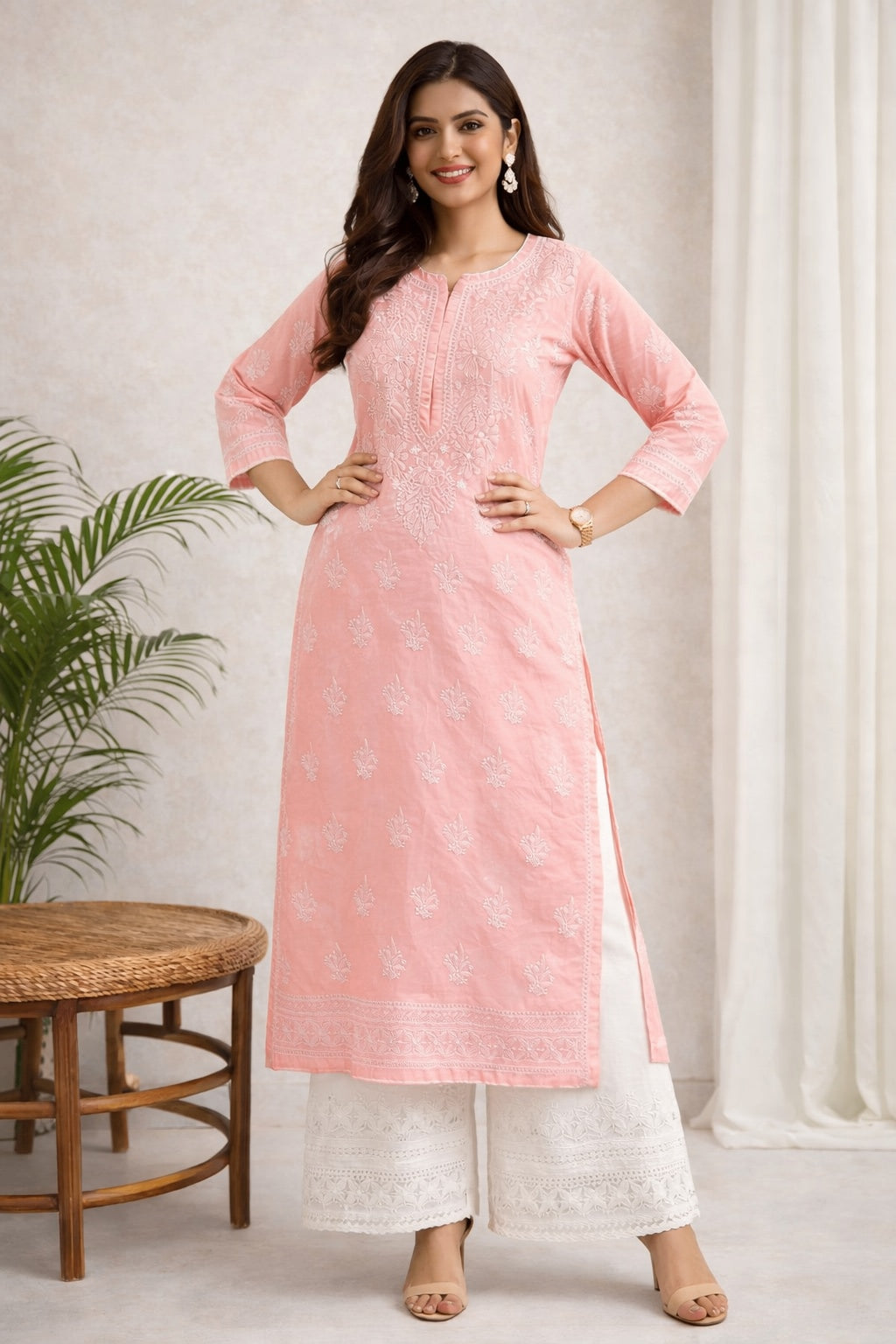 Karigiri Blush Pink Chikankari Cotton Kurti_KF0023