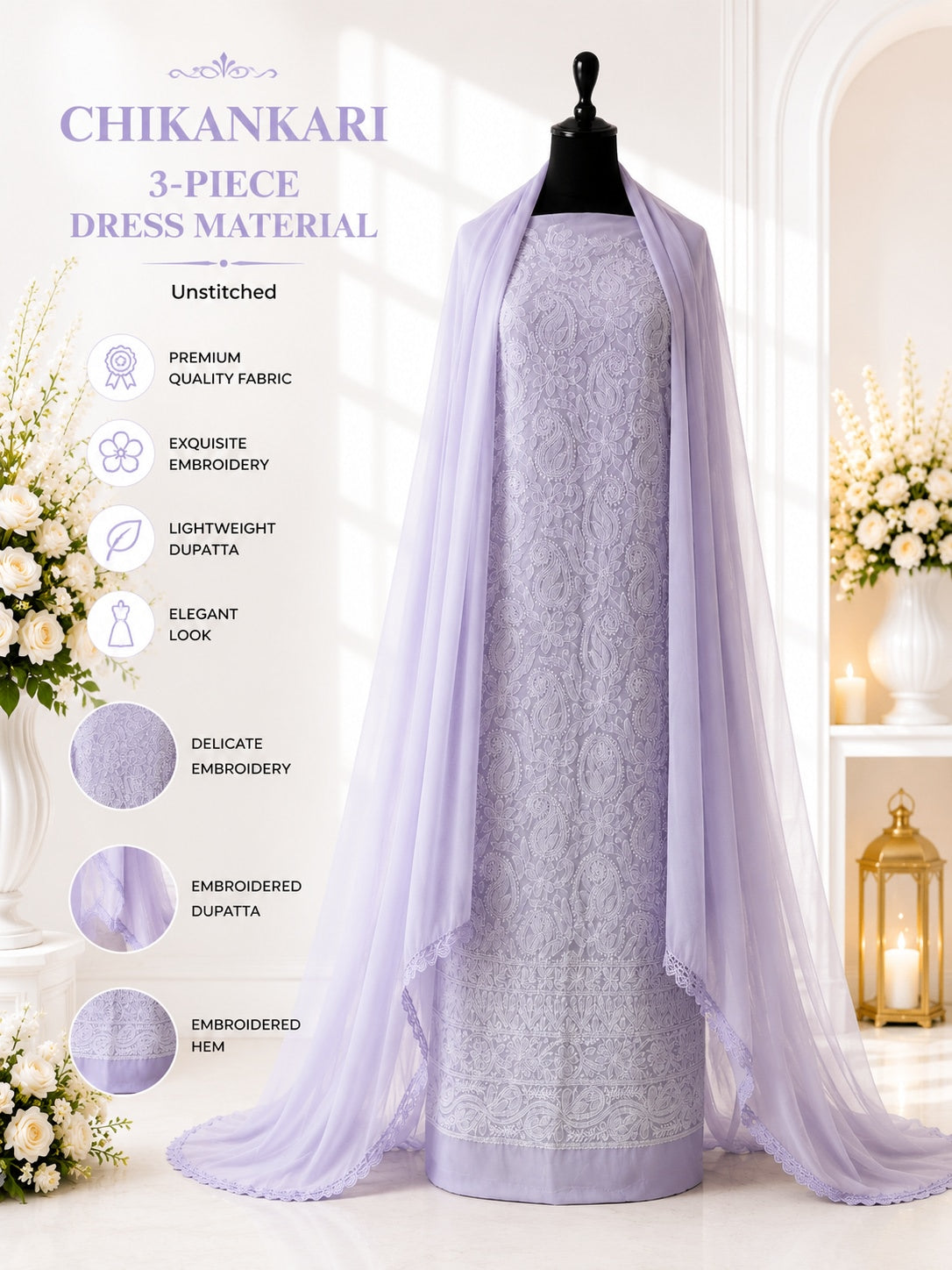Karigiri Lavender Chikankari Hand Embroidered Dress Material