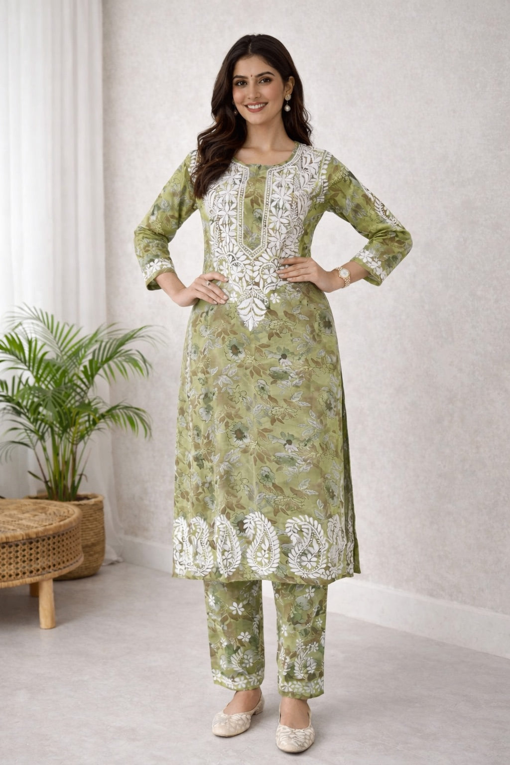 Karigiri Olive Green Chikankari Cotton Kurti Set_KF0138