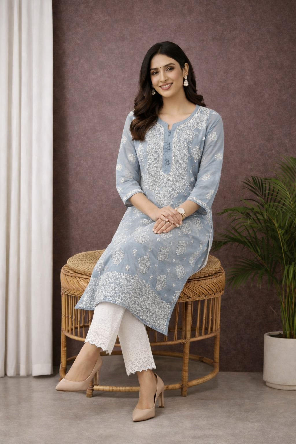 Karigiri Powder Blue Chikankari Georgette Kurti_KF0158