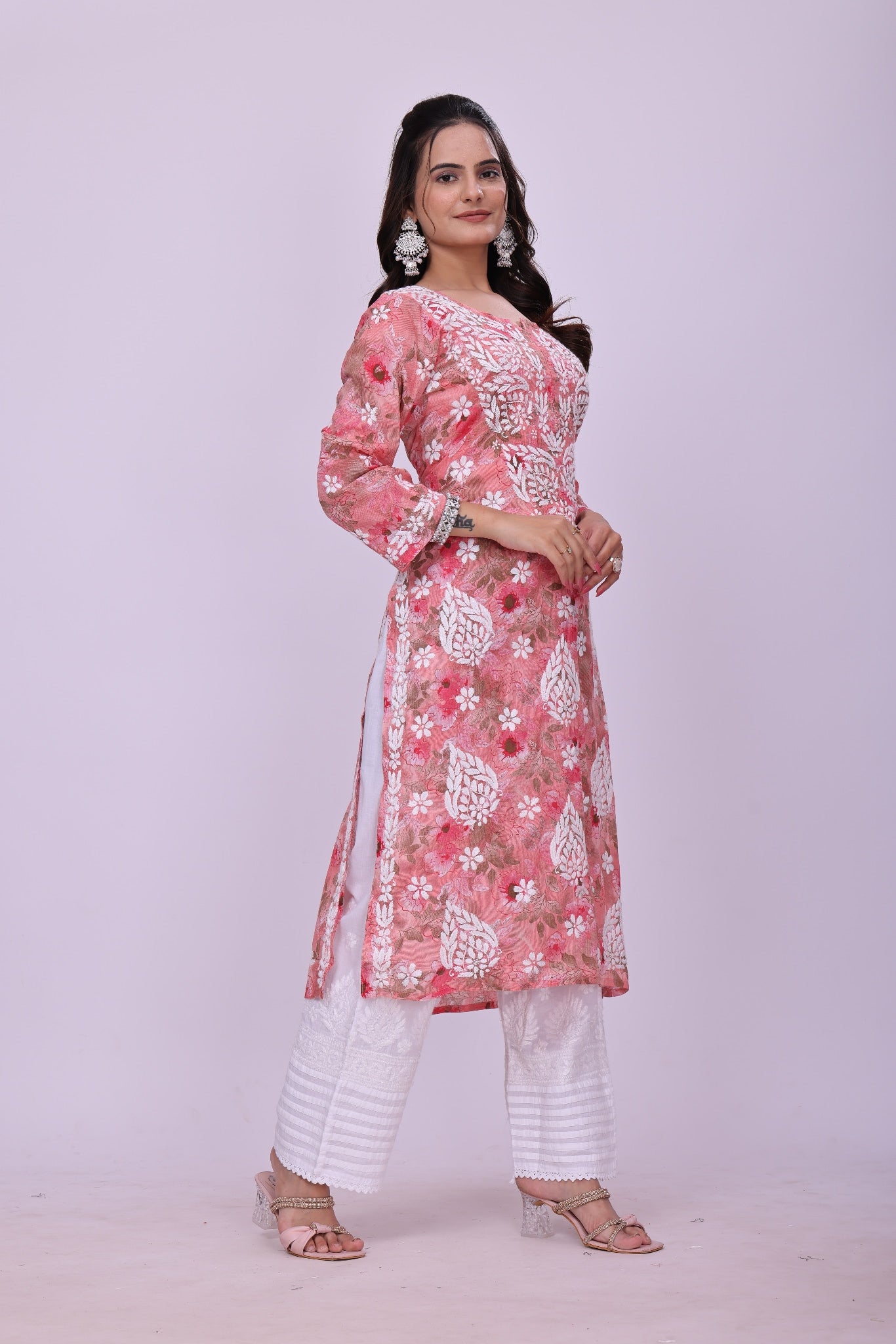 Karigiri Coral Pink Chikankari Printed Cotton Kurti_KF0028