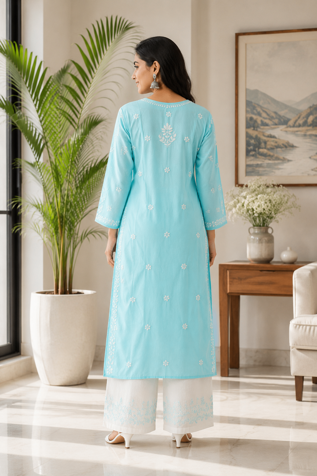 Karigiri Powder Blue Chikankari Cotton Kurti_KF0159