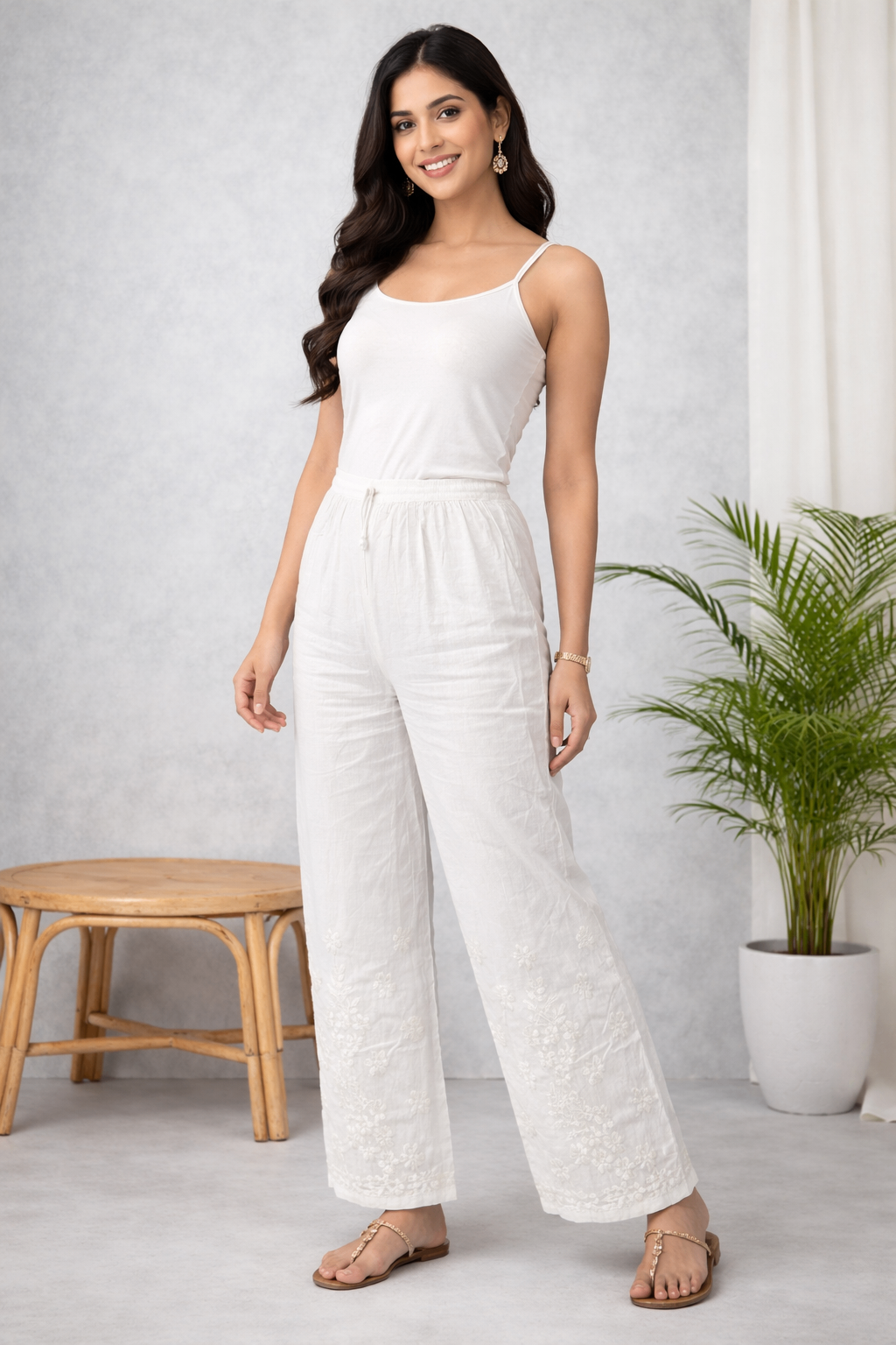 Karigiri White Chikankari Cotton Palazzo Pants_KF0196
