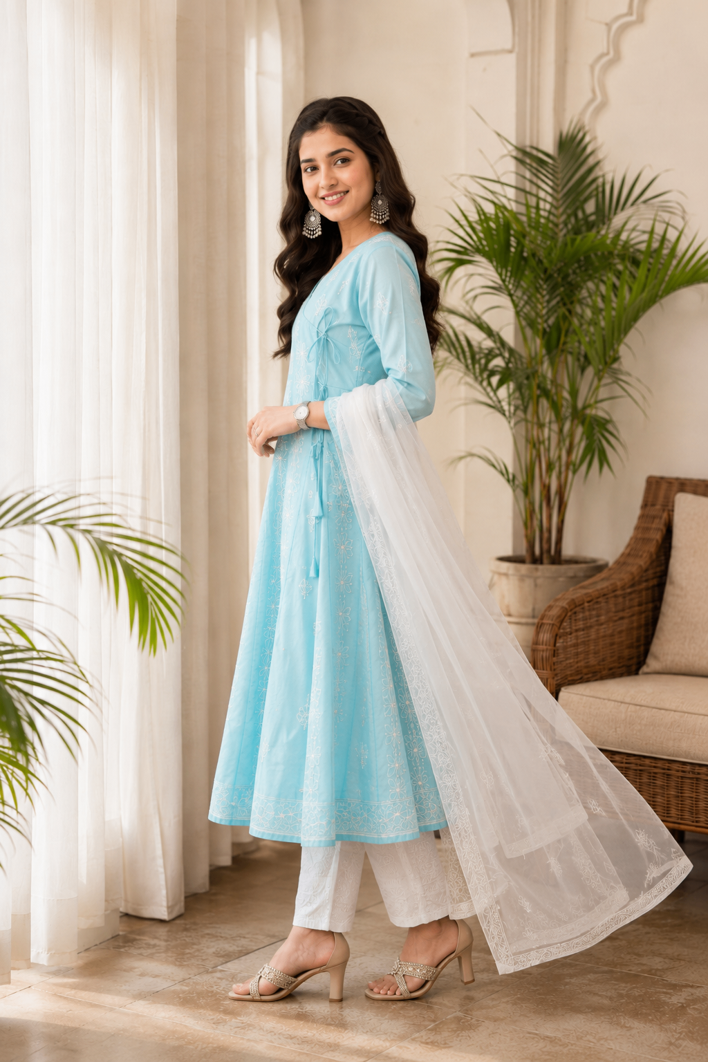 Karigiri Sky Blue Hand Embroidered Chikankari Cotton Anarkali Kurti