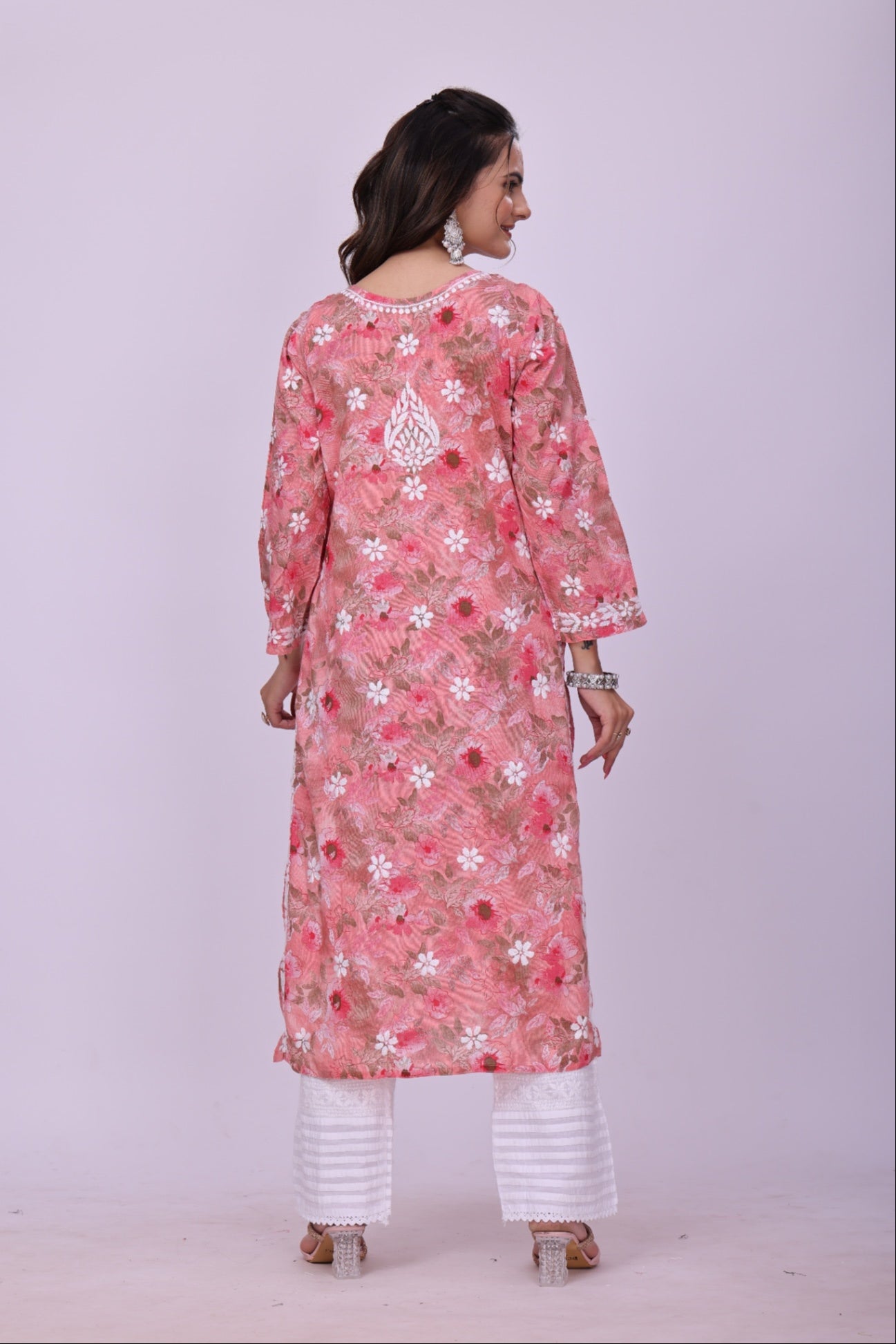 Karigiri Coral Pink Chikankari Printed Cotton Kurti_KF0028