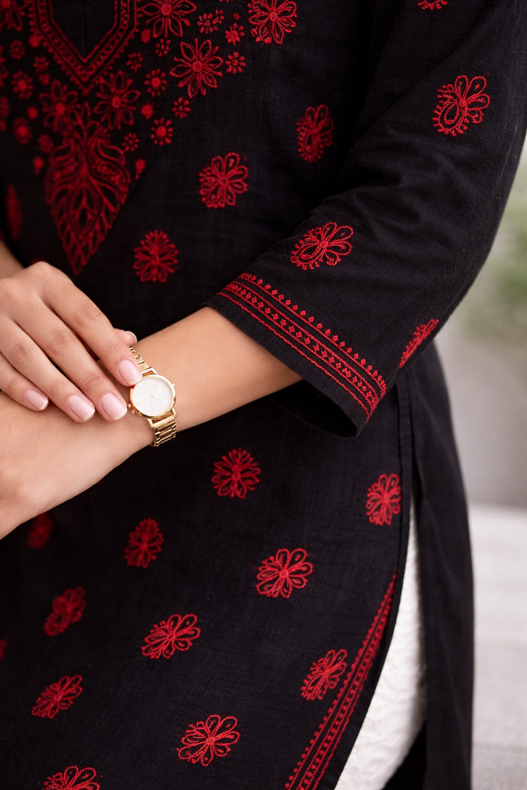 Karigiri Black Red Chikankari Cotton Kurti Women_KF0007