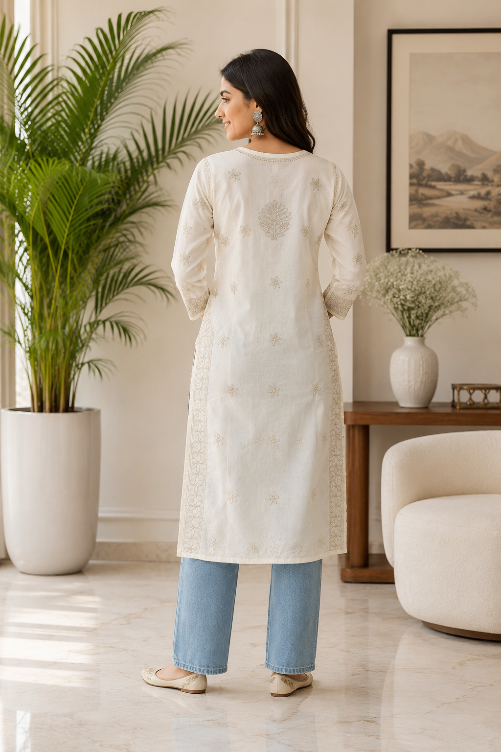 Karigiri Off-White Chikankari Cotton Long Kurti_KF0135