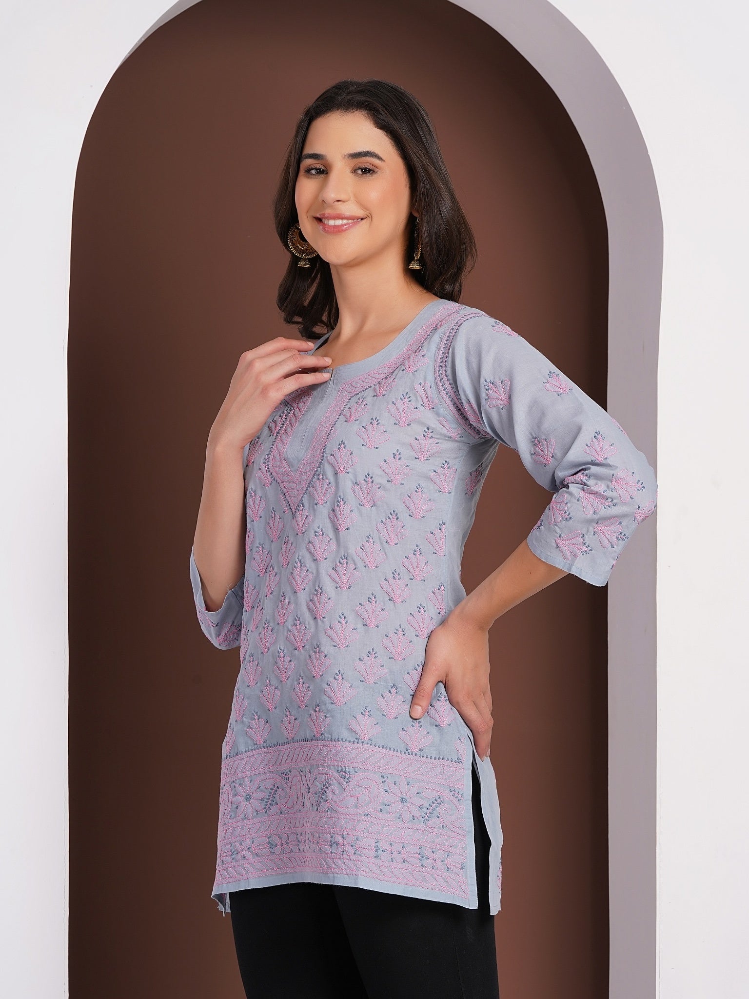 Karigiri Lucknowi Chikankari Hand Embroidered Pure Cotton Gray Short Kurti, 3/4 Sleeve, Ethnic Wear for Women