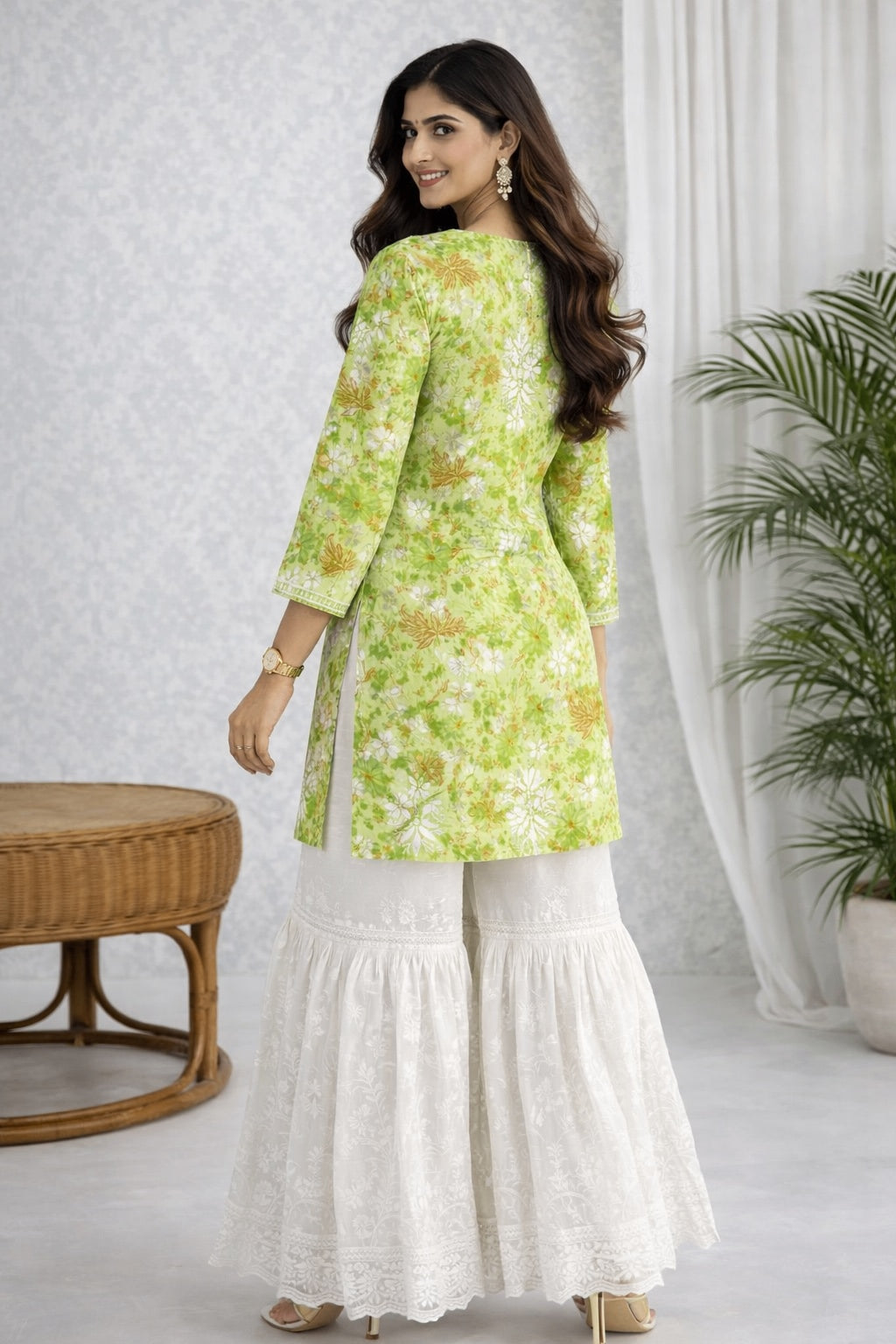 Karigiri Green Floral Chikankari Printed Cotton Short Kurti_KF0033
