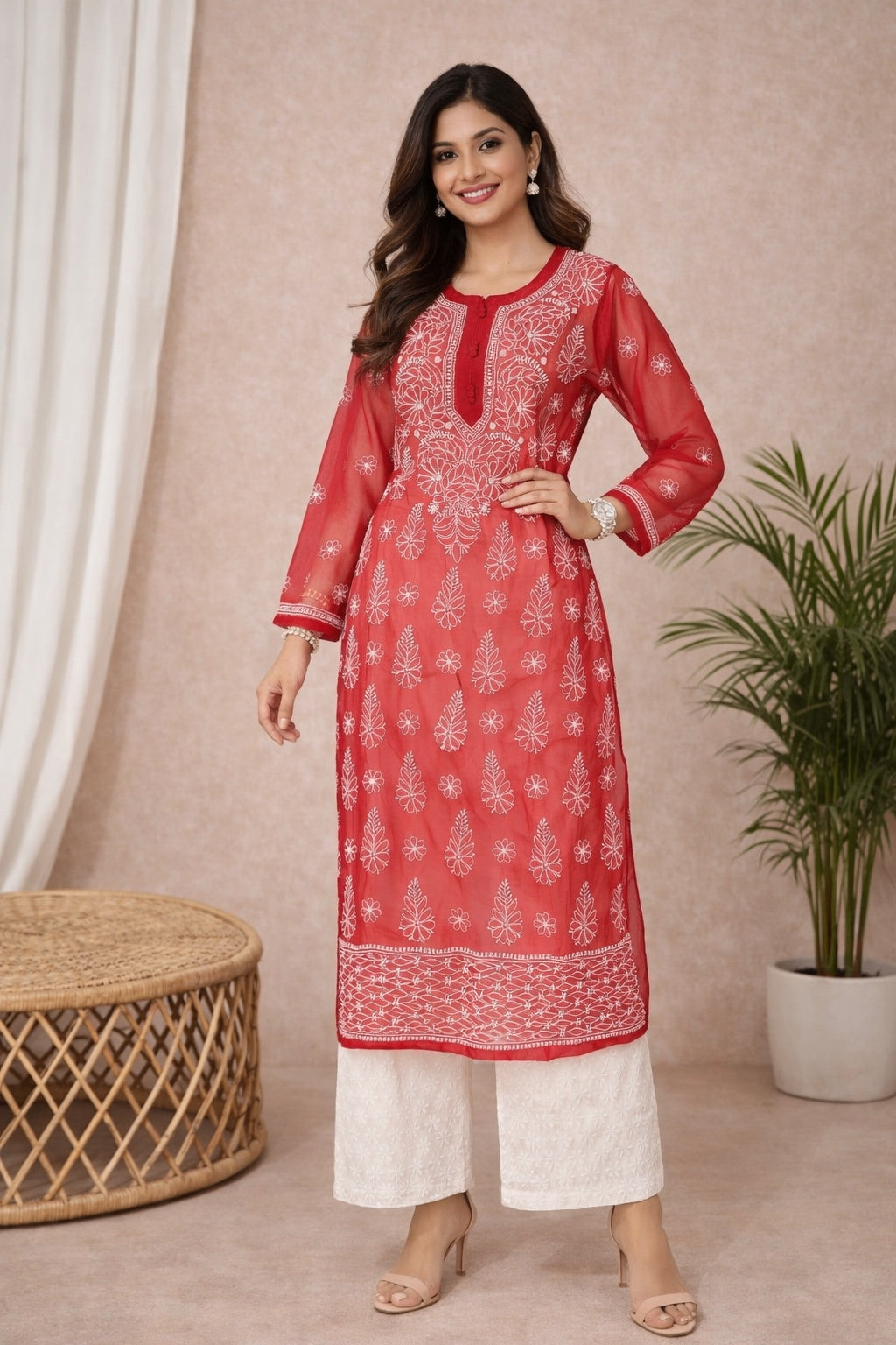 Karigiri Red Georgette Chikankari Kurti for Women_KF0171