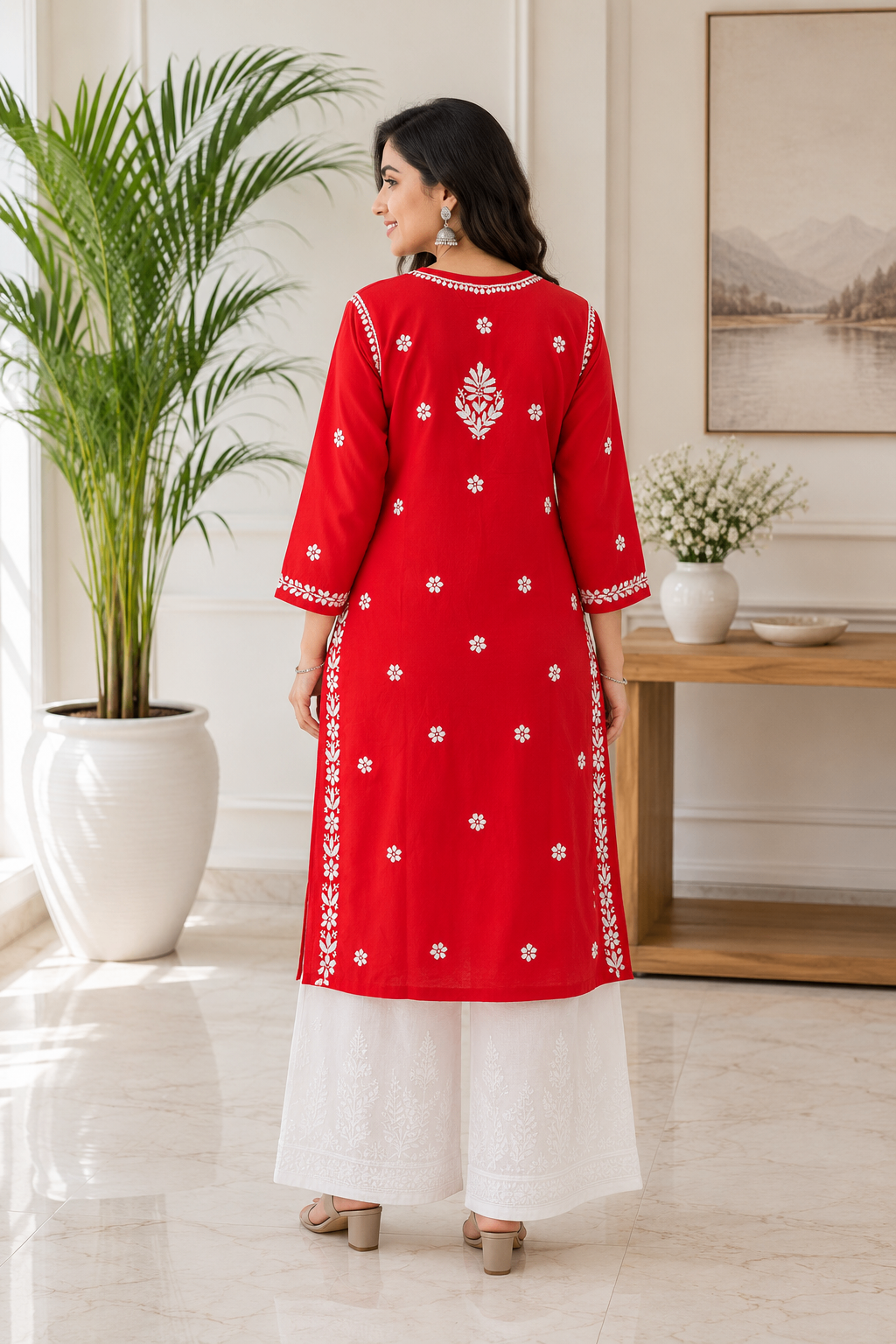 Karigiri Red Chikankari Mulmul Cotton Kurti Women_KF0066