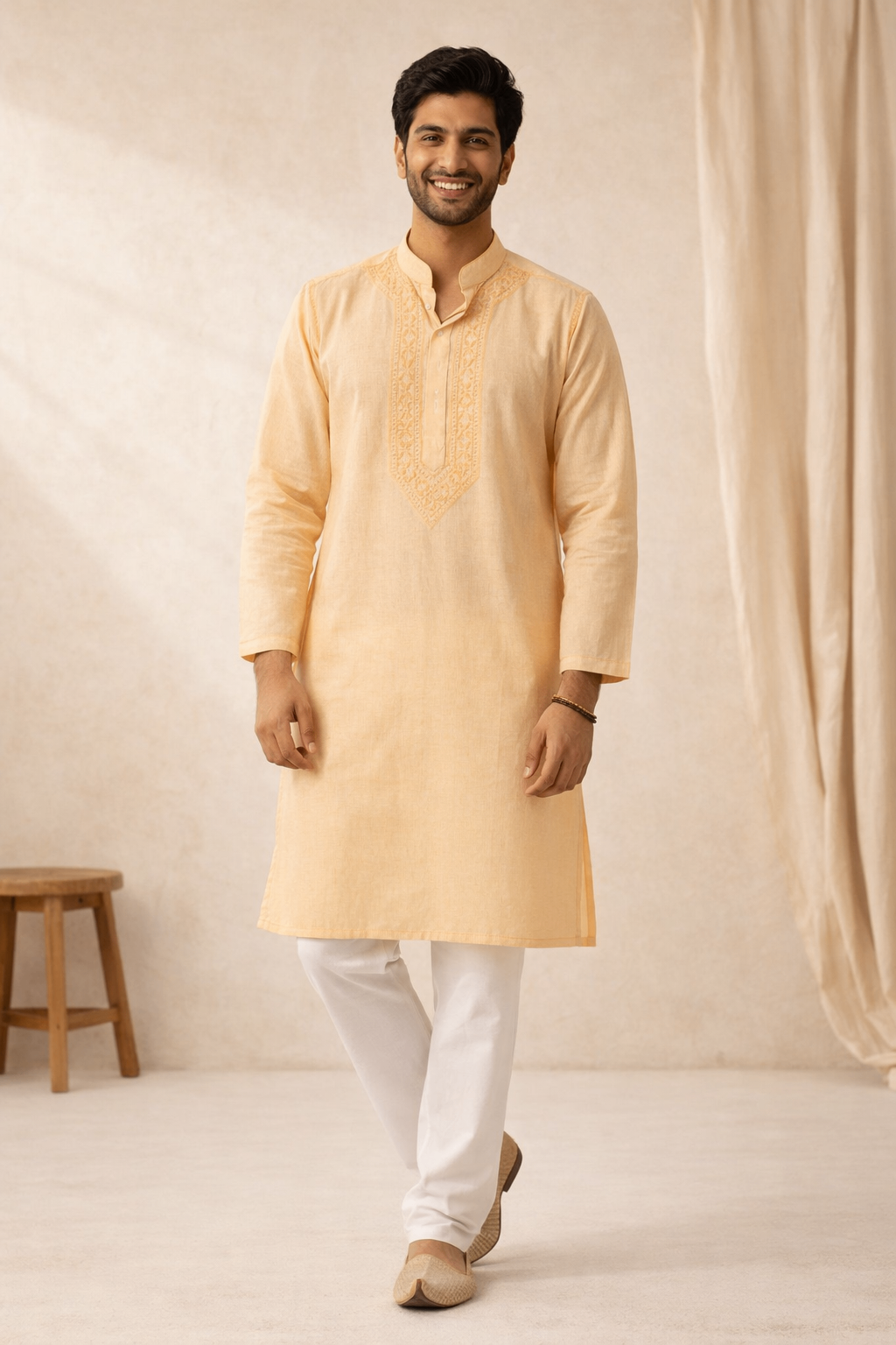 Karigiri Men's Pure Cotton Chikankari Kurta Peach_KF0188