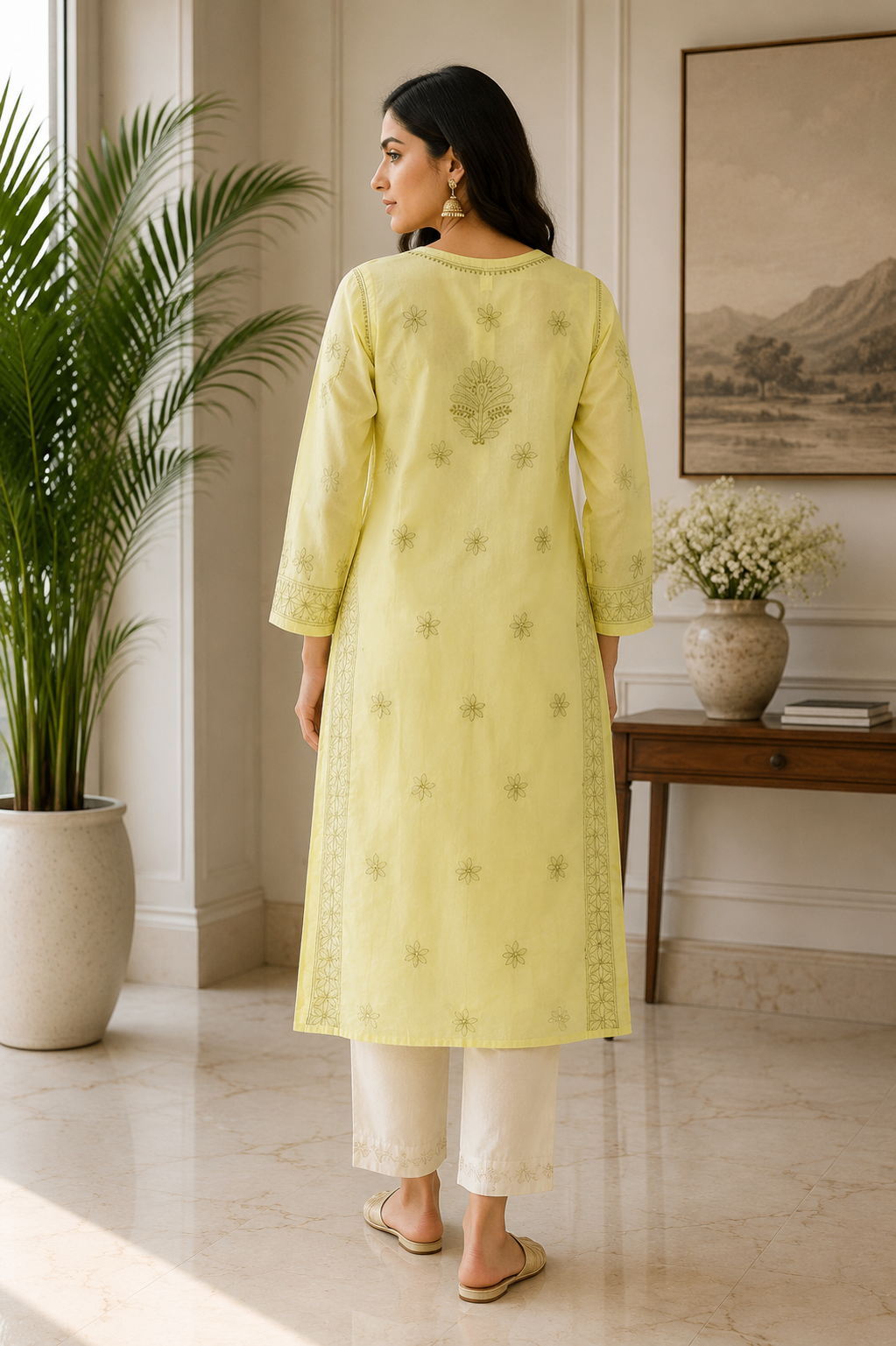 Karigiri Lemon Yellow Chikankari Cotton Kurti_KF0114