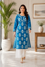 Karigiri Royal Blue Chikankari Mulmul Cotton Kurti_KF0174