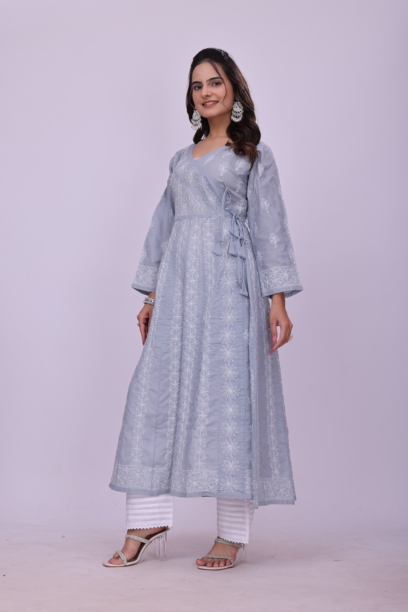 Karigiri Light Grey Embroidered Angrakha Kurta_KF0115