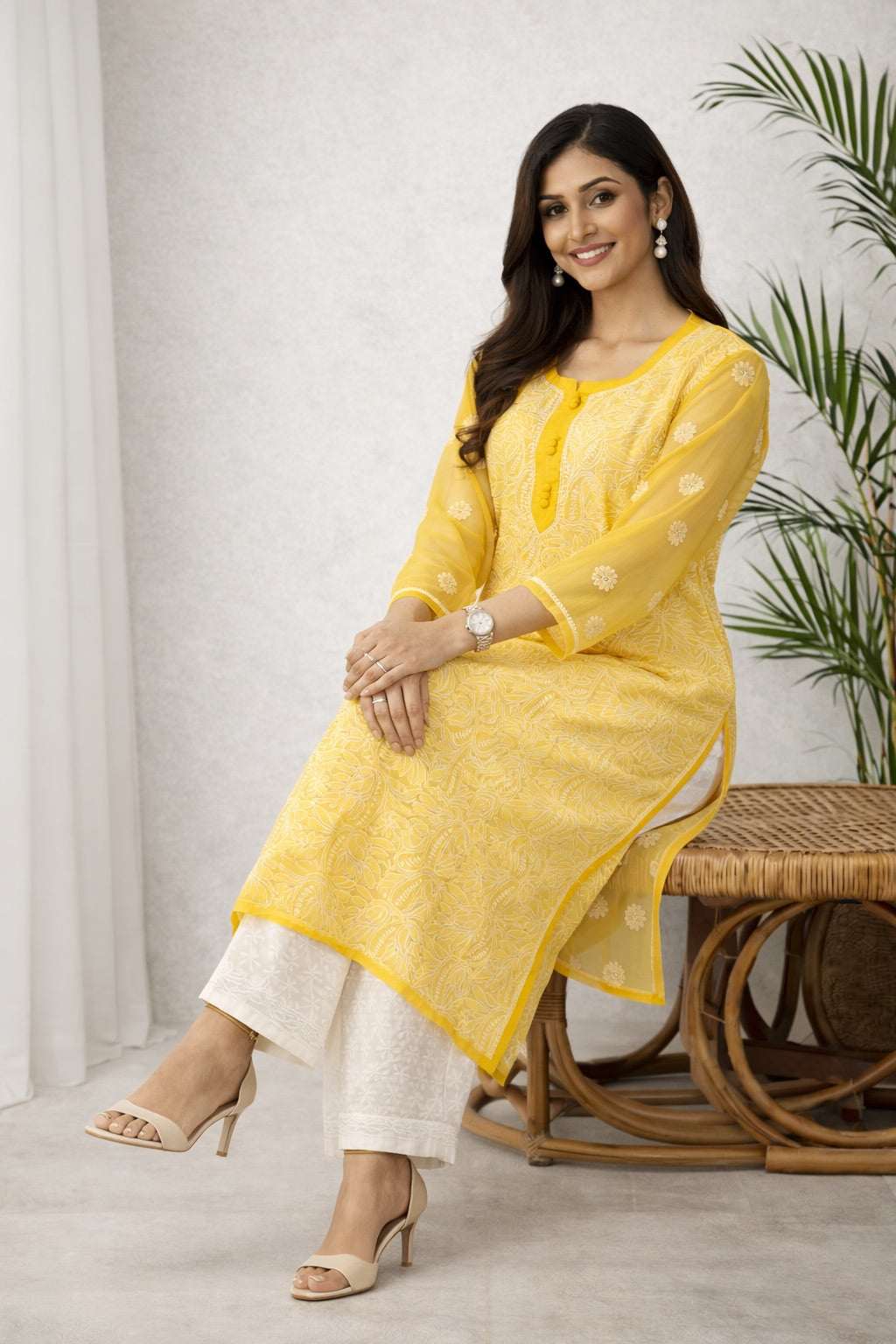 Karigiri Sunshine Yellow Chikankari Georgette Kurti_KF0067