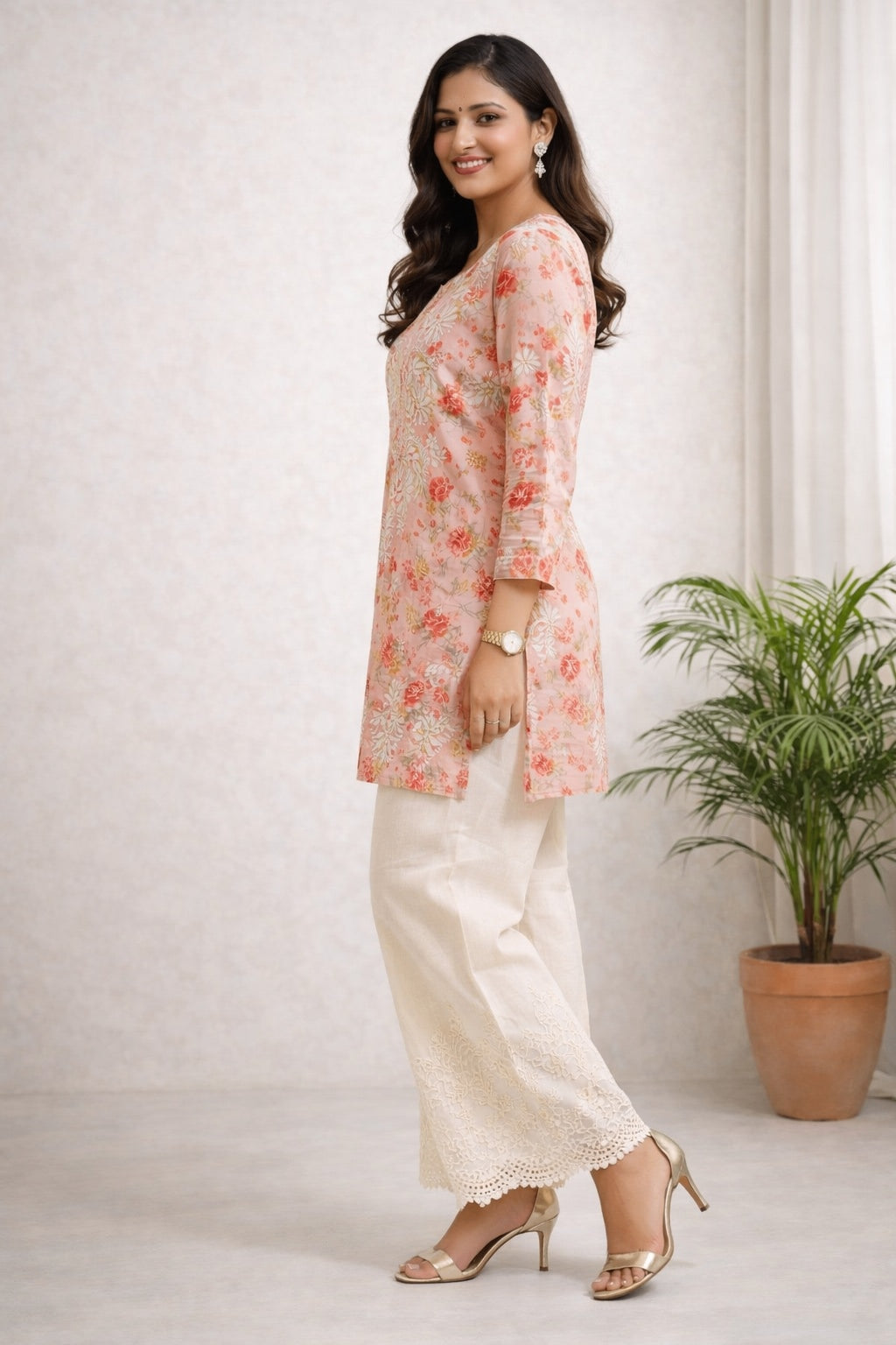 Karigiri Peach Pink Floral Chikankari Printed Cotton Short Kurti_KF0145