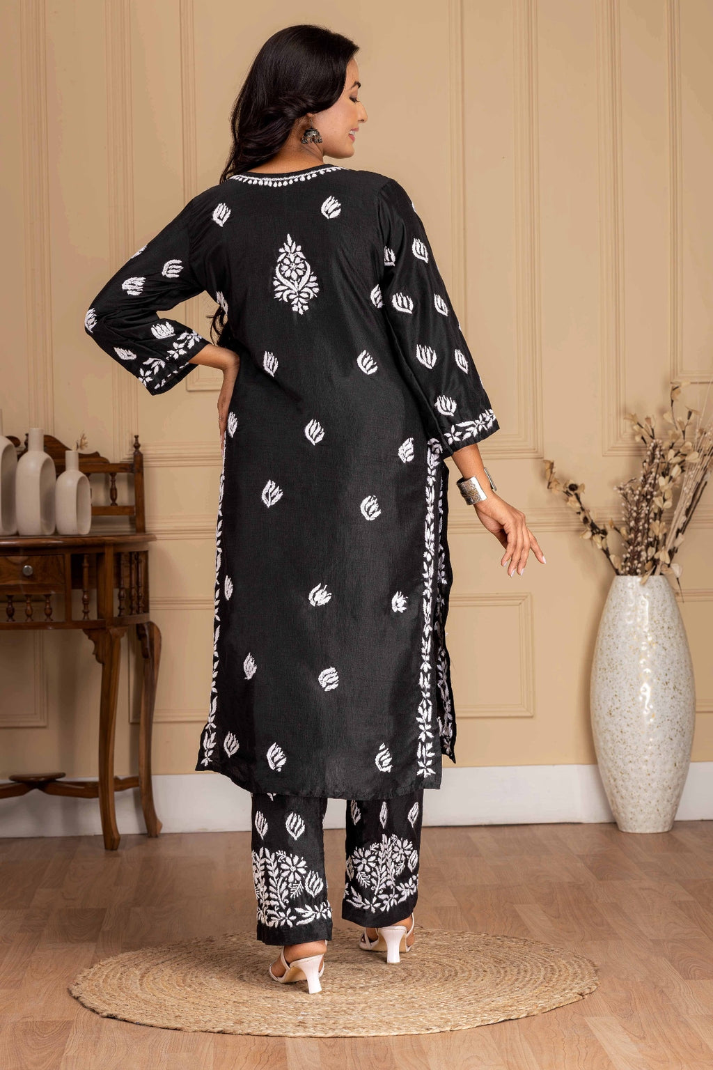 Karigiri Black Muslin Chikankari Hand Embroidered Kurti Set with White Floral Motifs, 3/4 Sleeves & Palazzo Pants