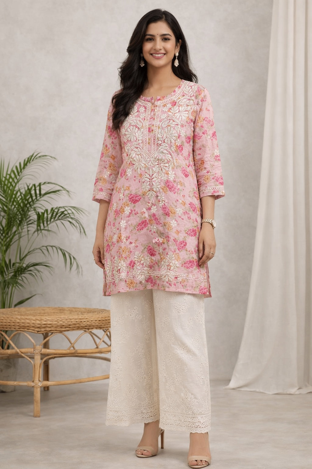 Karigiri Light Pink Floral Chikankari Printed Cotton Short Kurti_KF0116