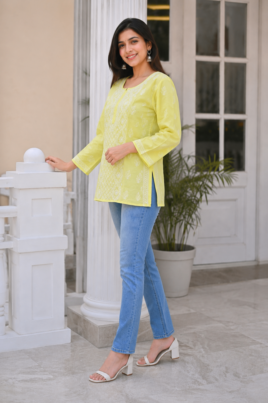 Karigiri Lemon Yellow Hand Embroidered Cotton Short Kurti_KF0302