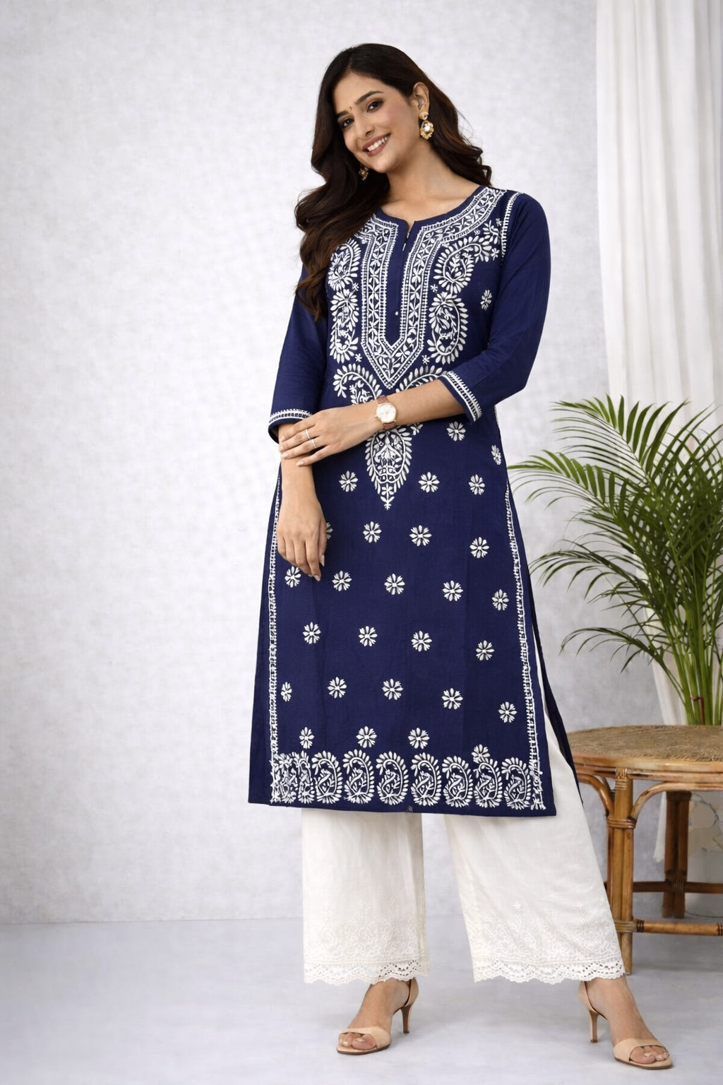 Karigiri Navy Blue Chikankari Soft Cotton Kurta_KF0063