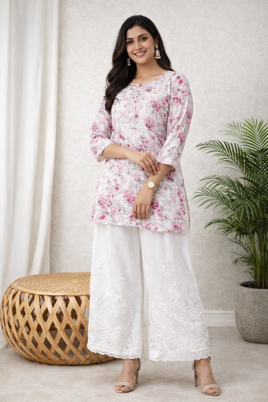 Karigiri White Pink Floral Chikankari Printed Cotton Short Kurti_KF0146