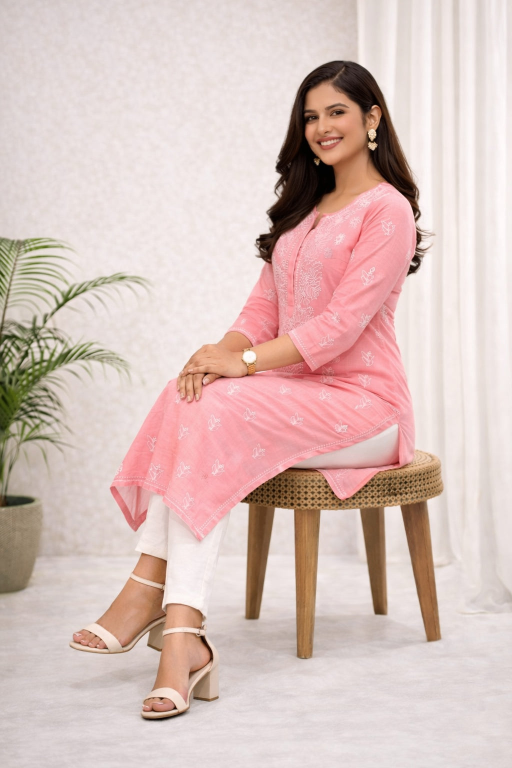 Karigiri Peach Pink Chikankari Cotton Kurti for Women_KF0144