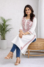 Karigiri White Chikankari Cotton Kurti Red thread Floral_KF0137