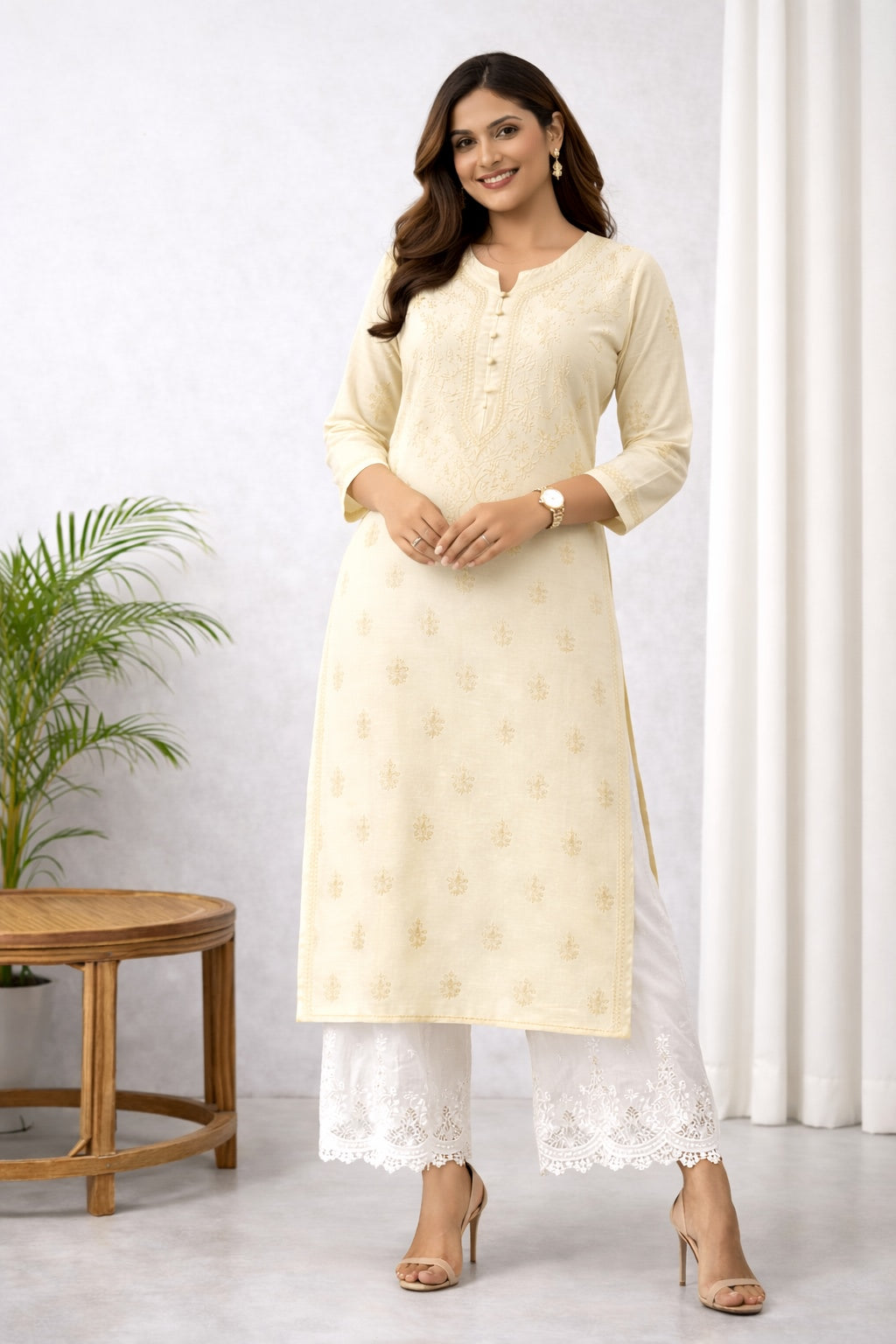 Karigiri Ivory Chikankari Cotton Kurti Women_KF0078