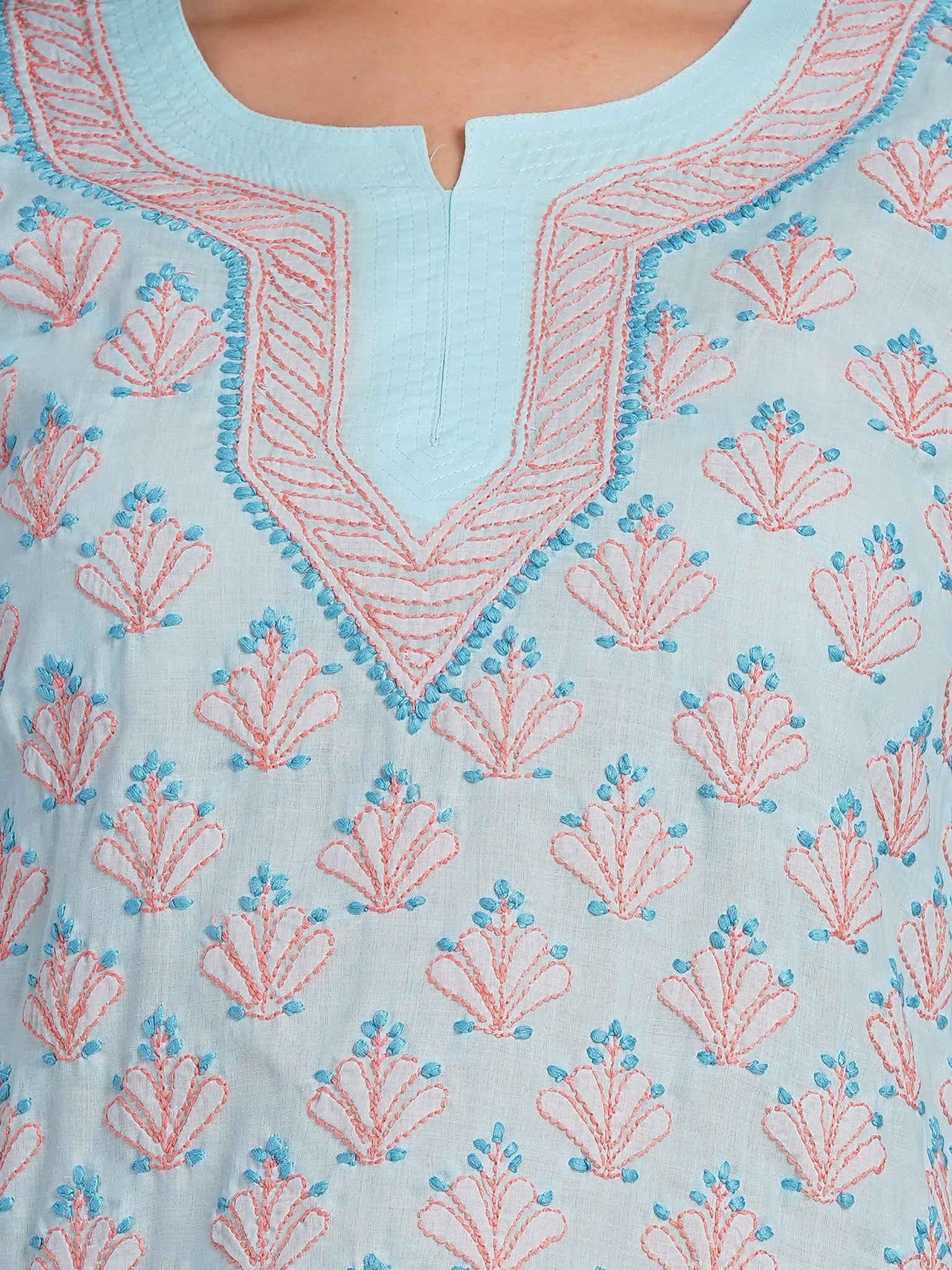 Karigiri Powder Blue Chikankari Hand Embroidered Pure Cotton Straight Hip Length Short Kurti, 3/4 Sleeve
