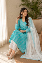 Karigiri Aqua Blue Hand Embroidered Chikankari Cotton Anarkali Kurti