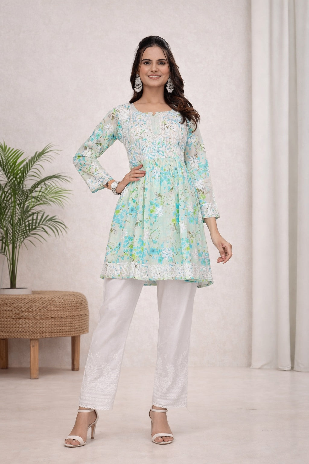 Karigiri Green Floral Chikankari Frock Style Short Kurta_KF0122