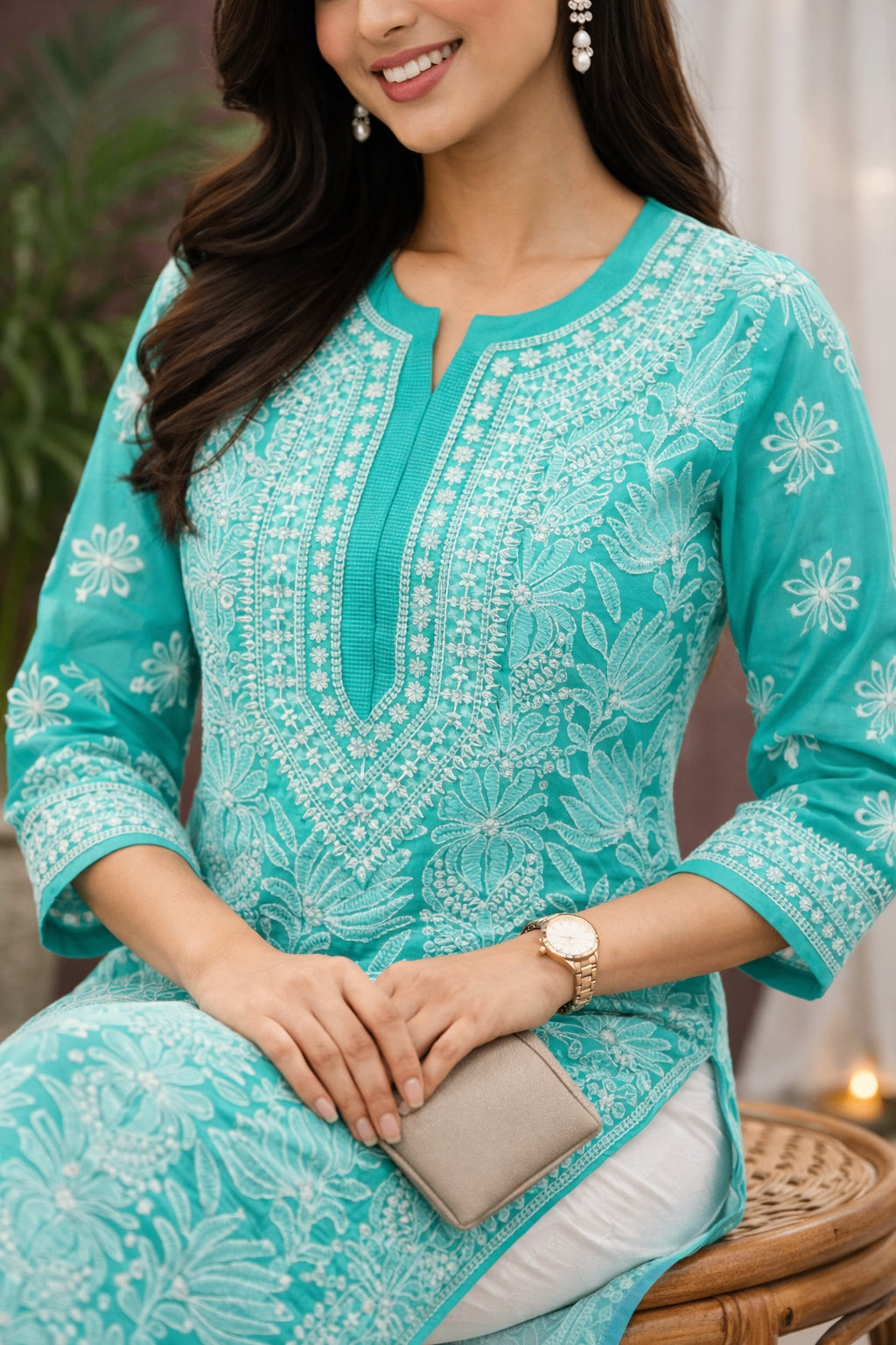 Karigiri Sea Green Chikankari Georgette Kurti_KF0071
