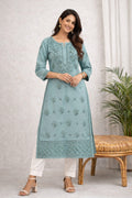 Karigiri Grey Chikankari Cotton Kurti Floral Work_KF0047