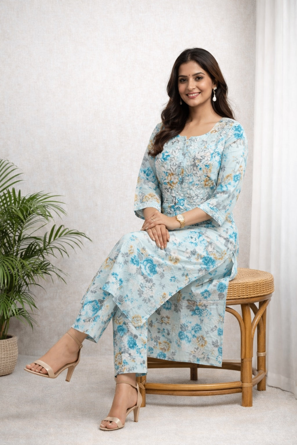 Karigiri Sky Blue Chikankari Cotton Kurti Pant Set_KF0181