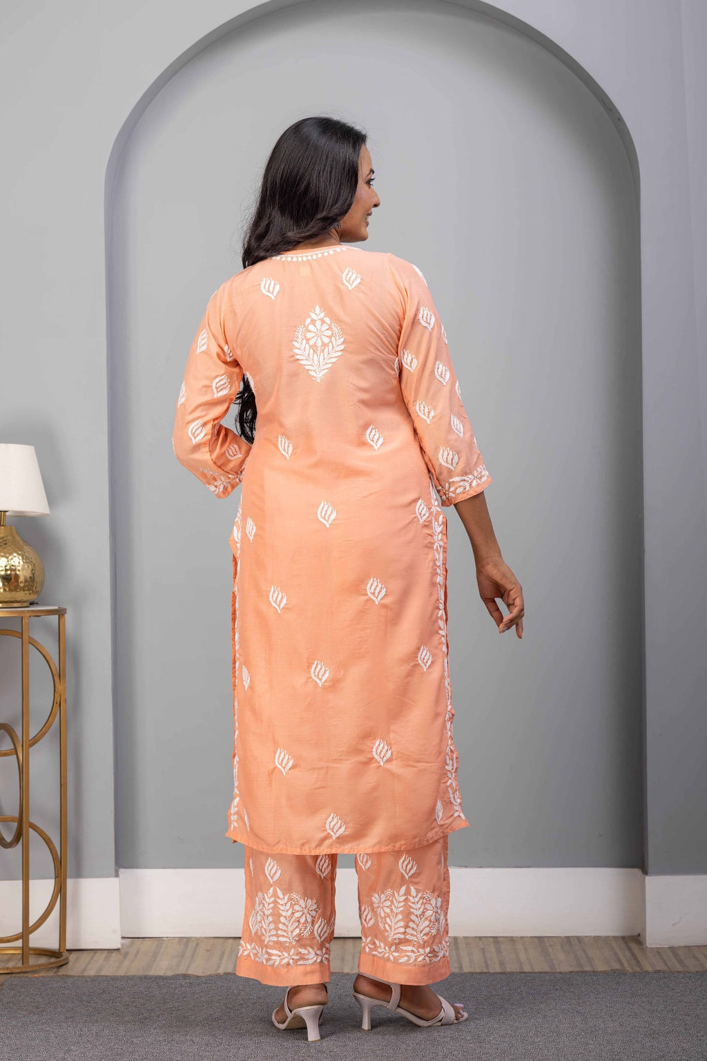 Karigiri Peach Chikankari Hand Embroidered Muslin Kurti Set with White Floral Motifs, 3/4 Sleeves