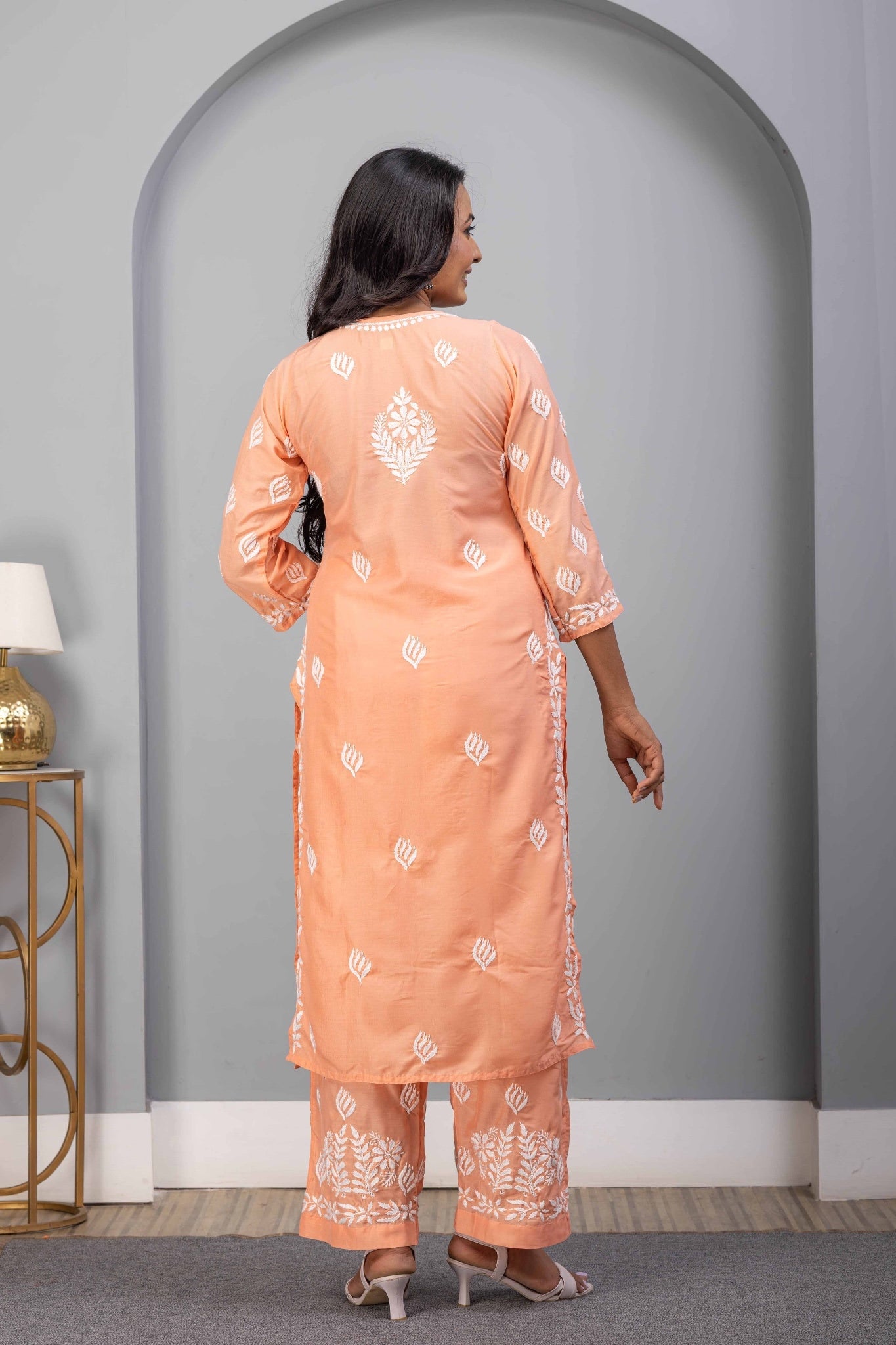 Karigiri Peach Chikankari Hand Embroidered Muslin Kurti Set with White Floral Motifs, 3/4 Sleeves
