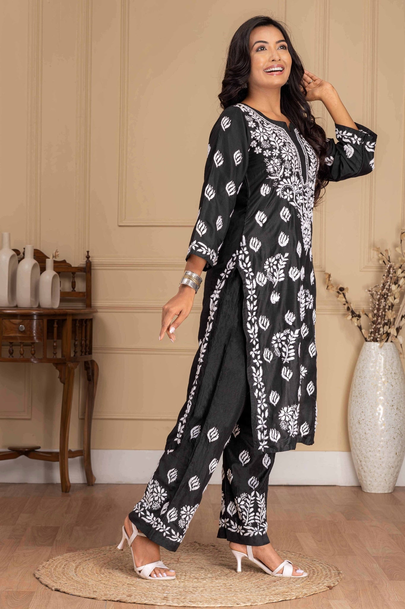 Karigiri Black Muslin Chikankari Hand Embroidered Kurti Set with White Floral Motifs, 3/4 Sleeves & Palazzo Pants