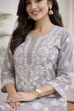 Karigiri Grey Floral Chikankari Kurti Set_KF0031