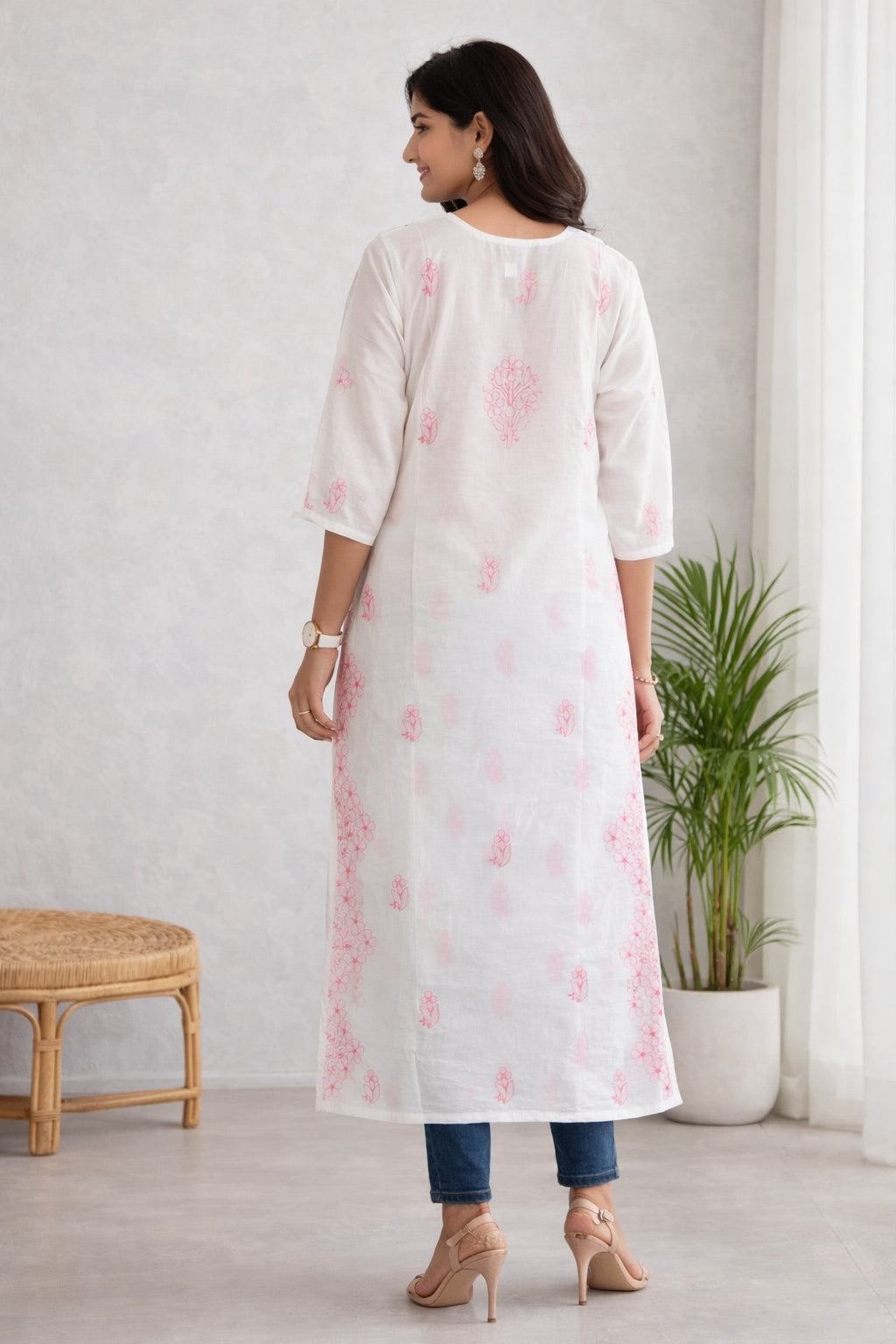 Karigiri White & Pink Chikankari Cotton Kurti_KF0194