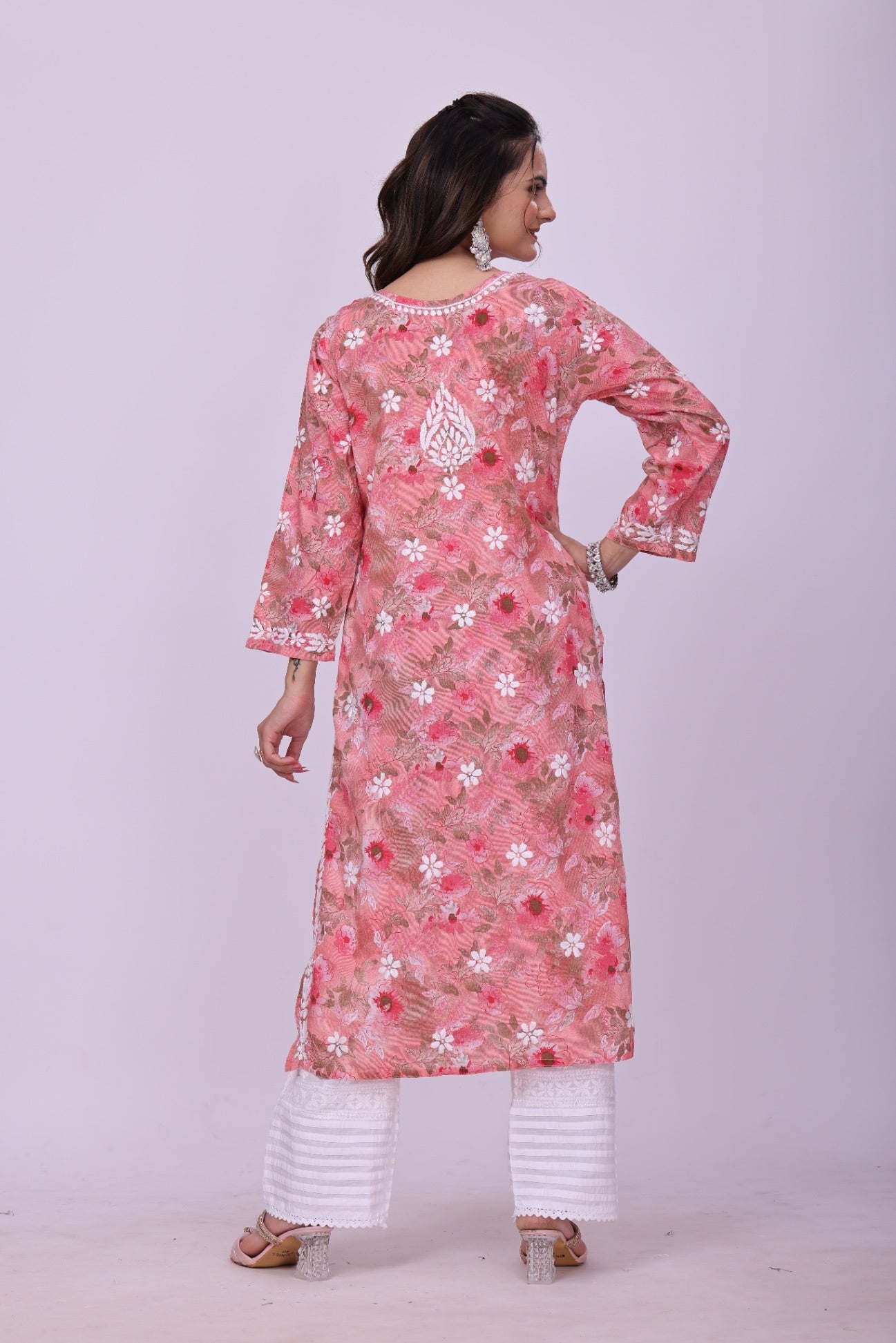 Karigiri Coral Pink Chikankari Printed Cotton Kurti_KF0028