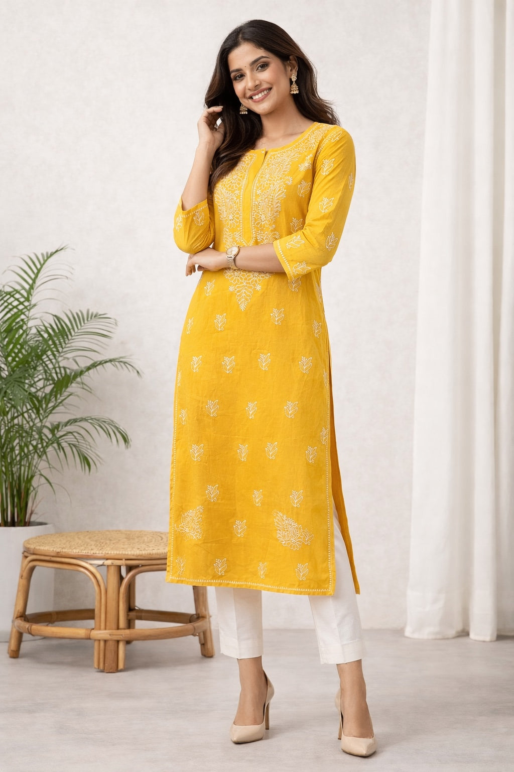 Karigiri Mustard Yellow Chikankari Cotton Kurti_KF0133