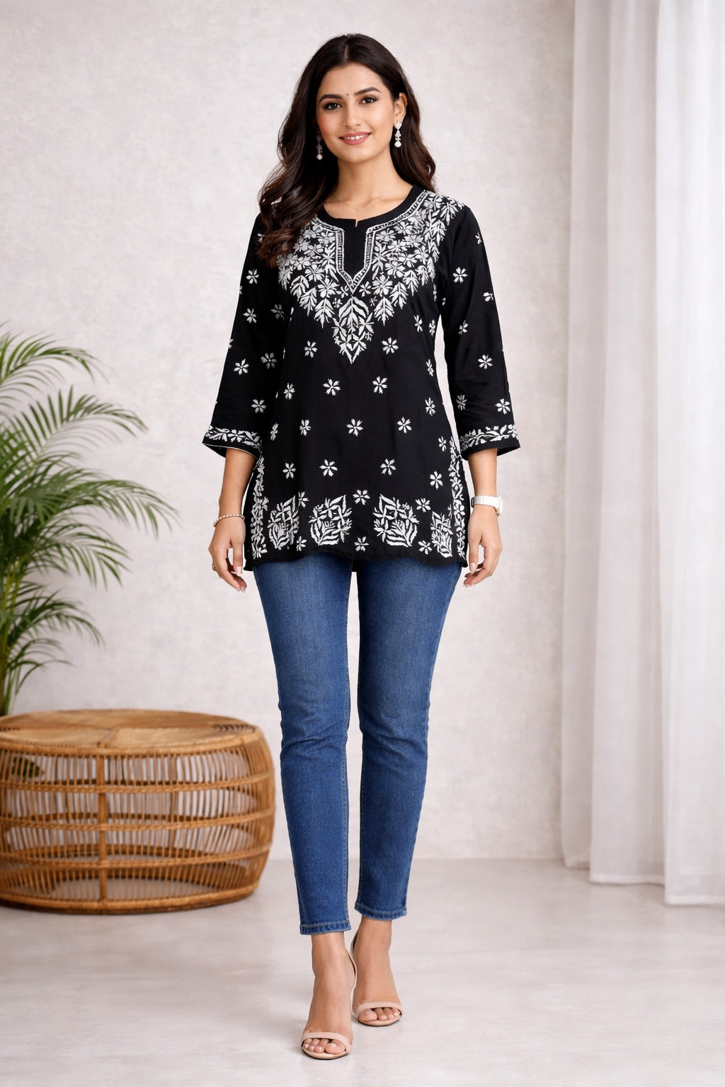 Karigiri Black Chikankari Rayon Short Kurti Women_KF0015