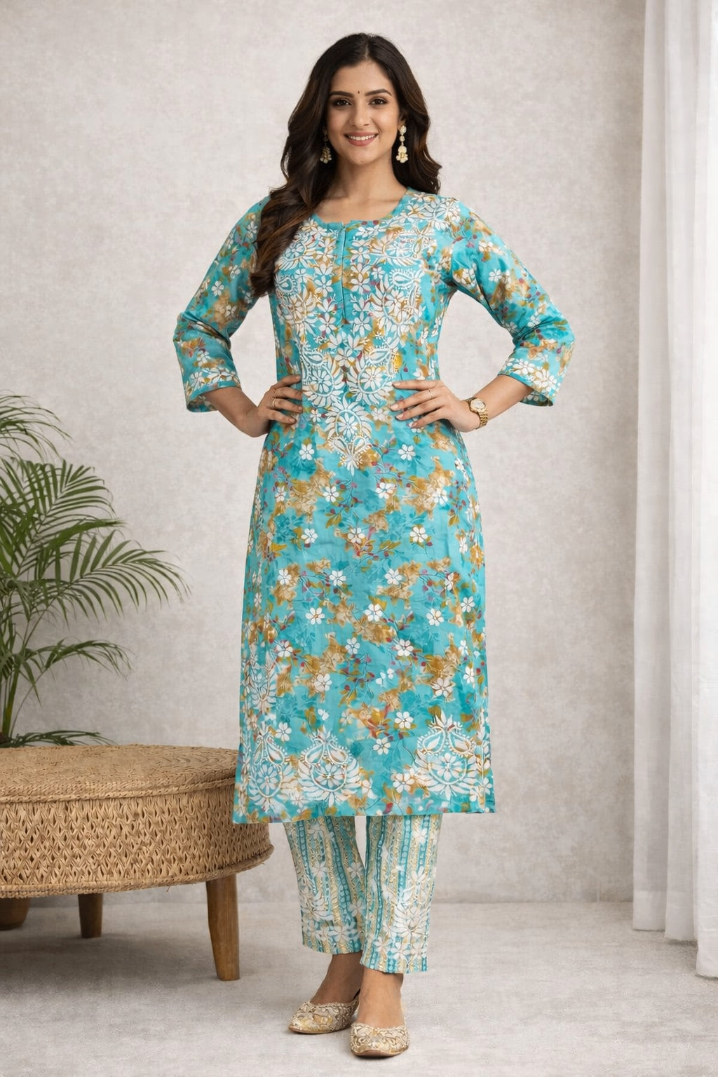 Karigiri Turquoise Blue Chikankari Printed Cotton Kurti Set_KF0192