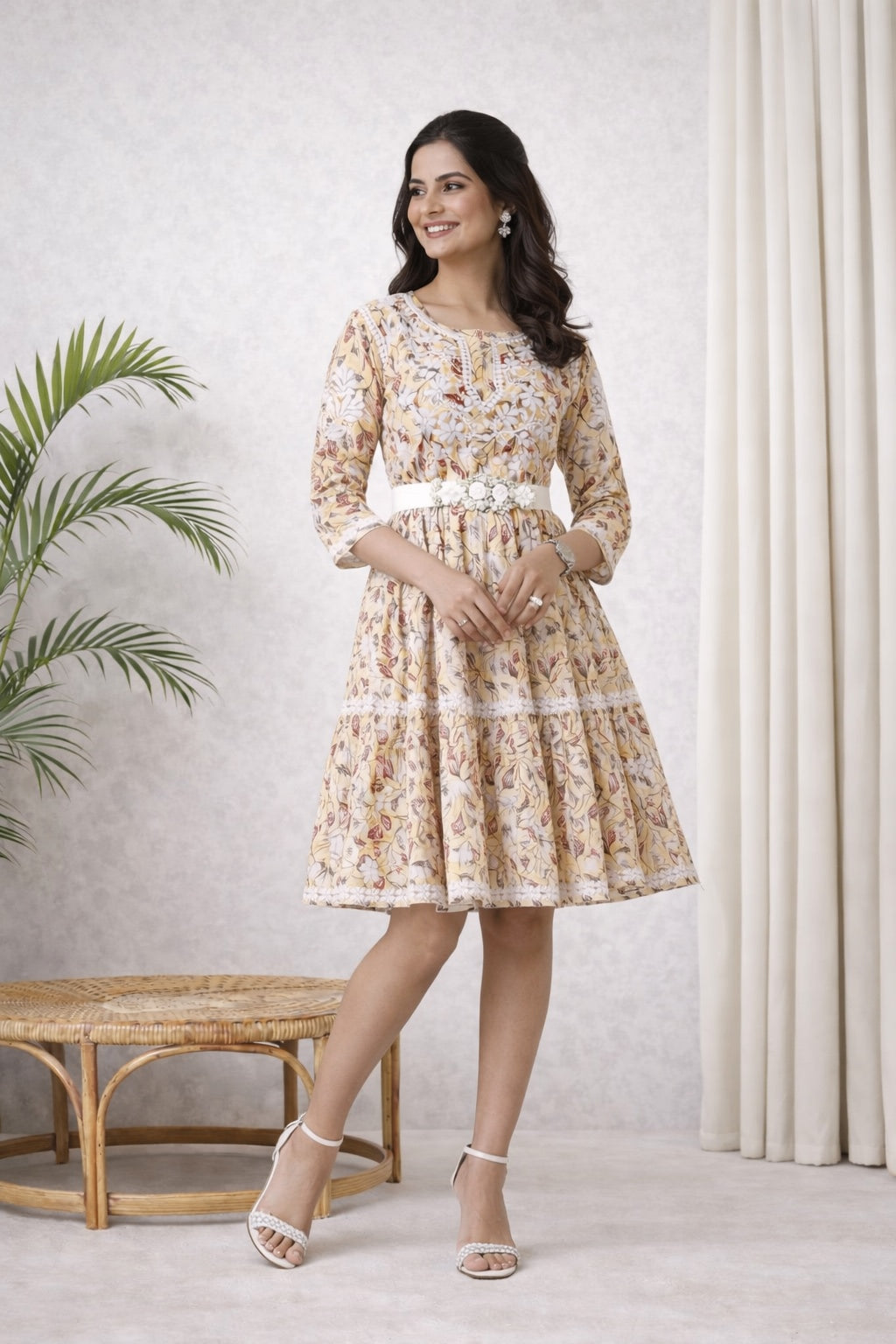 Karigiri Yellow Lucknowi Chikankari Printed Cotton Frock Kurti_KF0213