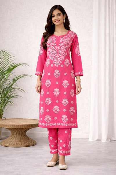 Karigiri Rani Pink Chikankari Kurti Set Soft Mulmul Cotton_KF0162