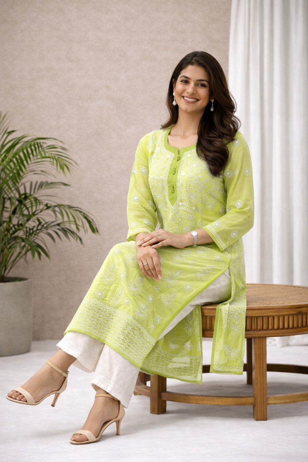 Karigiri Lime Green Chikankari Georgette Kurti_KF0117