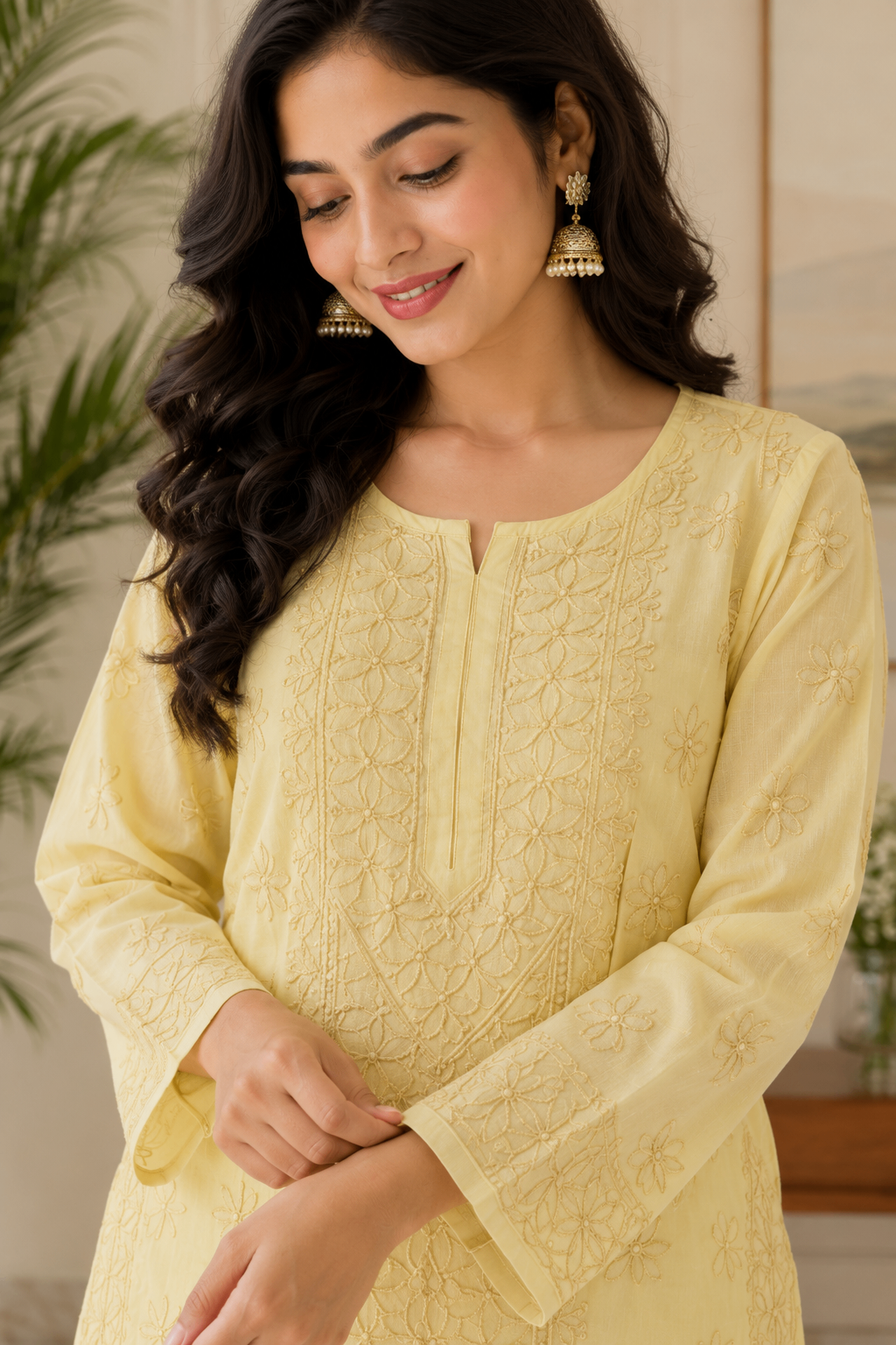 Karigiri Light Yellow Chikankari Cotton Kurti Women_KF0055